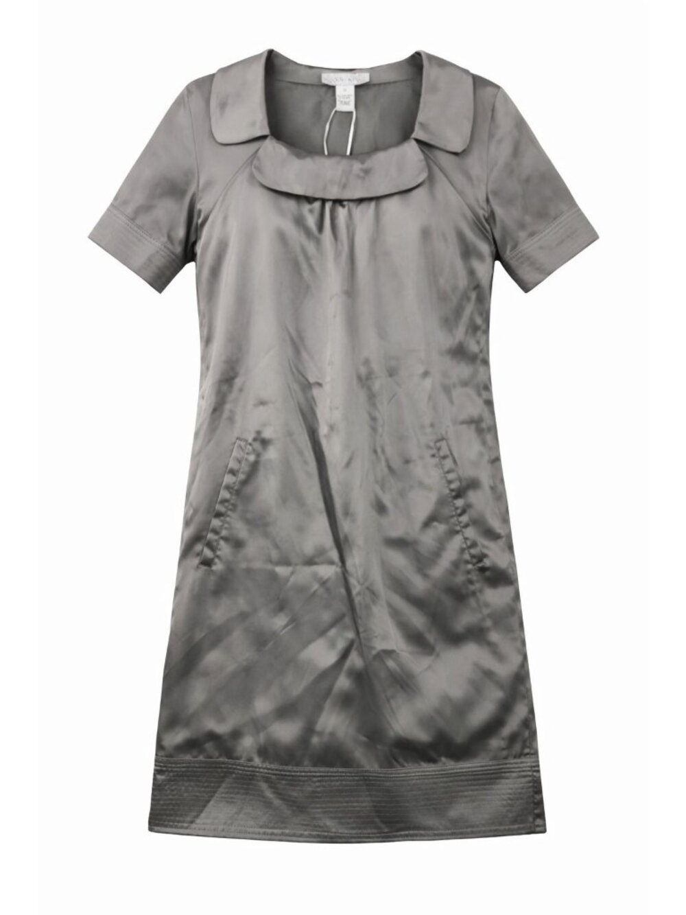 Vertigo Paris Metallic Satin Sheath Dress XS Grey Short Sleeves Rockabilly Twee
